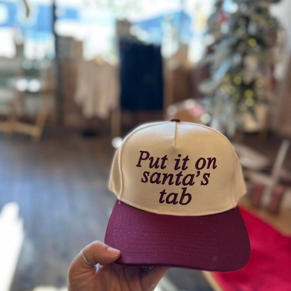 Cream and Burgundy 'Put it on santa's tab' Baseball Cap